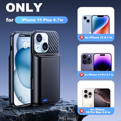13800mAh High Capacity Battery Case for iPhone 15 Plus (6.7 inch) | 2026 Upgraded Battery Pack Rechargeable Charger External Charging Case with Tempered Glass Screen Protector Black