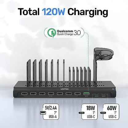 Unitek 120W 10-Port Charging Station with QC 3.0 & PD 60W/18W