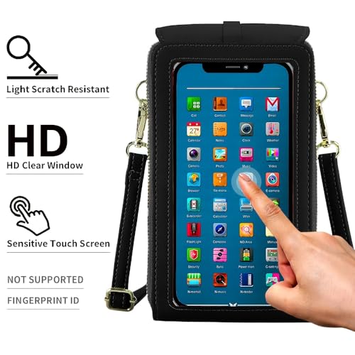2-Piece Touchscreen Phone Crossbody Bag, Faux Leather Mini Purse with Detachable Coin Pouch - color: Black