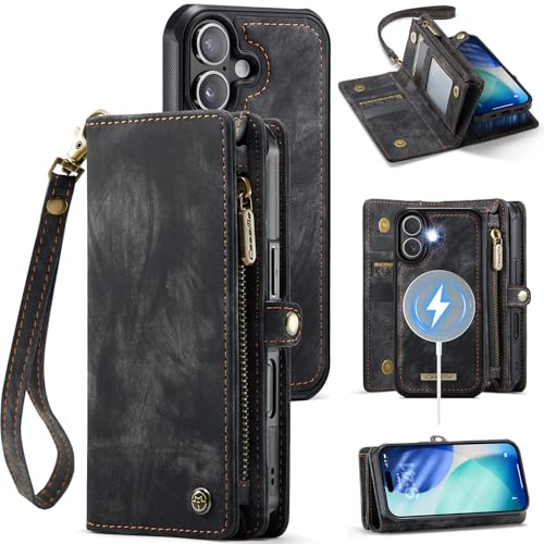 Compatible with iPhone 17 Wallet Case with Magsafe,Black | Magnetic Detachable Case,Card Holder,Zipper Pocket,Strap Wristlet, Soft Leather Drop-Proof Phone Case for iPhone 17 6.3" - color: (Detachable and Magsafe)-Black, size: iPhone 17 6.3 Inch