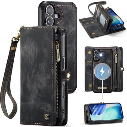 Compatible with iPhone 17 Wallet Case with Magsafe,Black | Magnetic Detachable Case,Card Holder,Zipper Pocket,Strap Wristlet, Soft Leather Drop-Proof Phone Case for iPhone 17 6.3" - color: (Detachable and Magsafe)-Black, size: iPhone 17 6.3 Inch