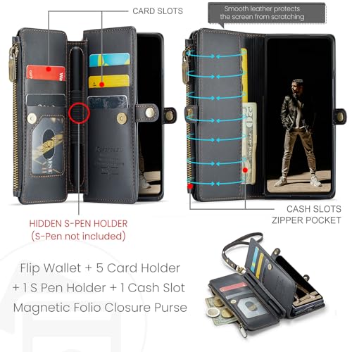 Defencase for Samsung Galaxy Z Fold 6 Wallet Case with Card Holder, Black | Durable Soft PU Leather, RFID Blcking Zipper Pocket, with S-Pen Holder & Strap, Flip Phone Cases with Stand for Women Men - color: Black