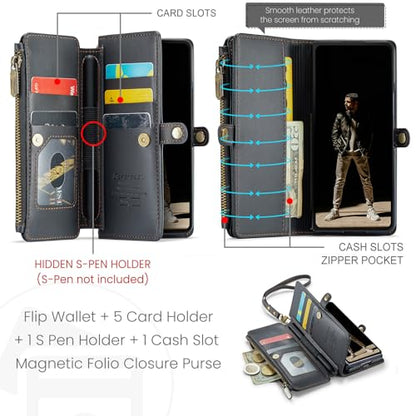 Defencase for Samsung Galaxy Z Fold 6 Wallet Case with Card Holder, Black | Durable Soft PU Leather, RFID Blcking Zipper Pocket, with S-Pen Holder & Strap, Flip Phone Cases with Stand for Women Men - color: Black