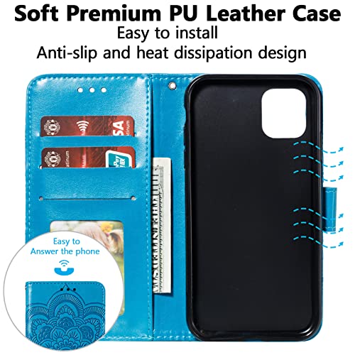 EYZUTAK Case for iPhone 14 Plus, Premium PU Leather Magnetic Flip Wallet Case with Card Holder Cash Slot Lanyard Strap Kickstand Function Embossed Mandala Flower Pattern Shockproof Cover - Blue - color: Blue, size: iPhone 14 Plus