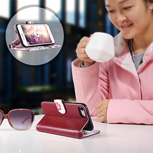 ULAK for iPhone SE 3(2022)/SE(2020)/8/7 Wallet Case Card Holder, Black | Premium PU Leather Flip Case with Kickstand Card Slots [RFID Blocking] Wrist Strap, Durable Shockproof Cover 4.7 Inch - color: Burgundy