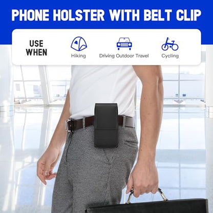 Mopaclle Vertical Cell Phone Holster with Belt Clip and Loop,Rugged Phone Belt Holder Compatible with iPhone 17 Pro iPhone 16, 15, 14 Pro, Galaxy S25, S24, S23 – Fits with Case On - color: 01 Leather- Black, size: M (6.29 x 2.9x 0.5 in)