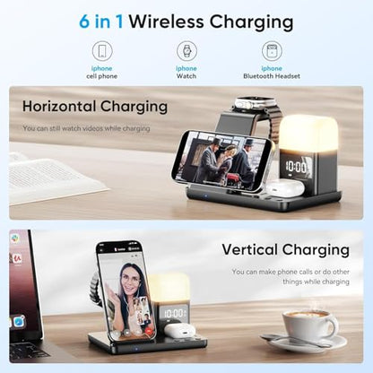 6 in 1 Wireless Charging Station with Clock & Night Light，Alarm Clocks for Bedrooms,Wireless Charger Stand with Beside Clock for iPhone 18/17/16/15/14/13/12 Pro Max, Apple Watch,Airpods (Black) - color: Black