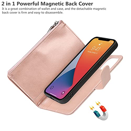 iCoverCase Compatible with iPhone 13 Wallet Phone Case with Card Holder, PU Leather Zipper Pocket Magnetic Detachable Flip Case with Wrist Strap (Rose Gold) - color: Detachable--Rose Gold