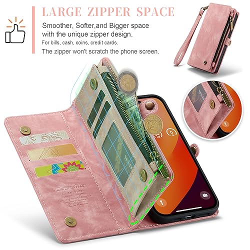 Compatible with iPhone 15 Pro Wallet Case with Magsafe, Pink | Magnetic Detachable Case,Card Holder,Zipper Pocket,Strap Wristlet, Soft Leather Drop-Proof Phone Case for iPhone 15 Pro - color: Pink, size: iPhone 15 Pro 6.1"