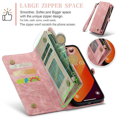 Compatible with iPhone 15 Pro Wallet Case with Magsafe, Pink | Magnetic Detachable Case,Card Holder,Zipper Pocket,Strap Wristlet, Soft Leather Drop-Proof Phone Case for iPhone 15 Pro - color: Pink, size: iPhone 15 Pro 6.1"