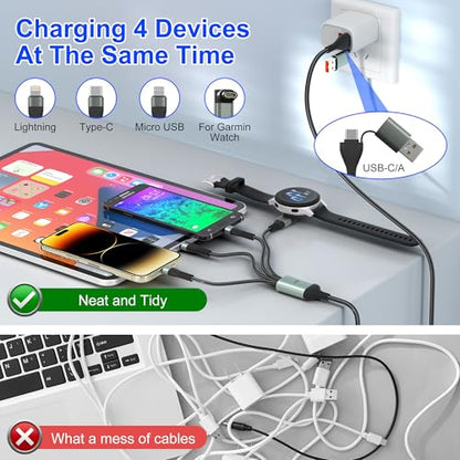 100W Multi Charging Cable with Garmin Watch Charger - 10ft Multi Charger Cable with 100W USB C, Mfi Lightning, Micro-USB, Garmin Watch Charger L-Shape for Garmin Watch iPhone 17-6 iPad Android Laptop