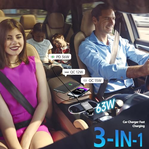 Flexino 【Ultra-Slim】 Retractable Car Charger for iPhone 17, Fast Charging Car Chargers, USB C Car Charger, Cigarette Lighter Adapter for iPhone 17/16/15/14/13/12 Series, Galaxy, Gray, 1 Pack