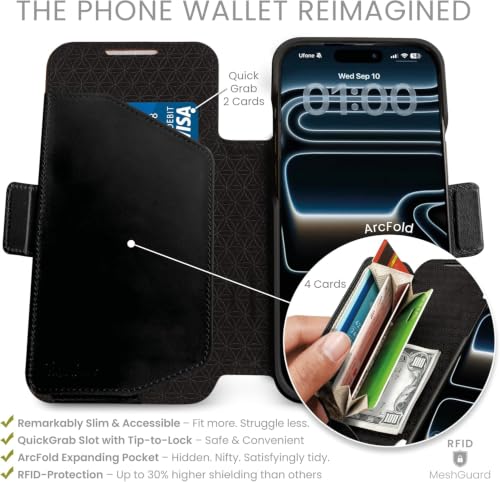 Dreem Real Leather Magnetic Detachable Wallet Case for iPhone 17 Pro | Revolutionary Vert/Hor Phone Stand, RFID Blocking Card Holder Flip Cover, MagSafe-Fit, Gift Box [Fibonacci: Black]