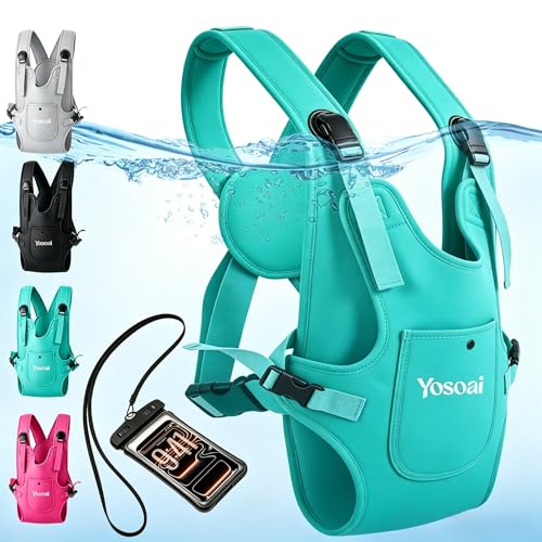 Yosoai Premium Neoprene Water Baby Carrier, Safer Wider 50mm Strap & 60mm Slide Lock Buckle, Ergonomic X+H Back Support, Quick Dry Land & Water Baby Carrier with Waterproof Phone Pouch - color: Lake Blue