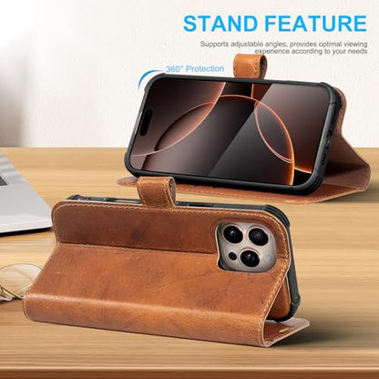 Genuine Leather Wallet Case for iPhone 16 Pro Max, Yellow Brown | 2-in-1 Magnetic Detachable, Shockproof, Flip Folio with Card Slot, RFID Blocking - color: Yellow Brown, size: 16 Pro Max 6.9‘’