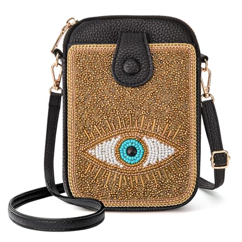 Women's Small Crossbody Cell Phone Bag, Boho Colorful Beaded Purse Wallet with Handmade Cute Patterns - color: Eye-gold