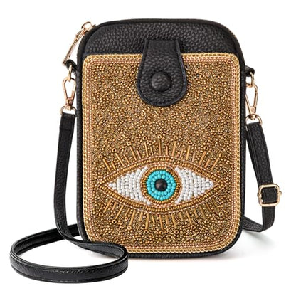 Women's Small Crossbody Cell Phone Bag, Boho Colorful Beaded Purse Wallet with Handmade Cute Patterns - color: Eye-gold