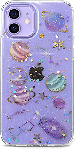 Abbery Designed for iPhone 12/iPhone 12 Pro Stars Moon case, Clear with Design Cute Bling Glitter Sparkle Soft TPU Flexible Rubber Star Moon Aesthetic Phone Case for Women Girls (Planet) - color: Planet, size: for iPhone 12/12 Pro