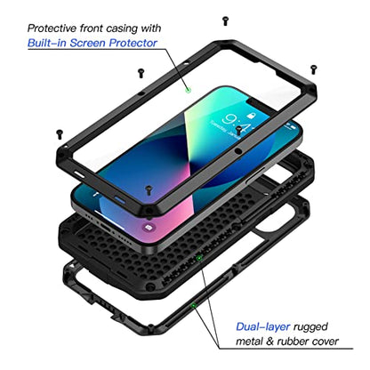 Lanhiem for iPhone 13 Metal Case, Heavy Duty Shockproof Tough Rugged Case with Built-in Glass Screen Protector, 360 Full Body Protective Cover for iPhone 13 6.1 inch, Black - color: Black