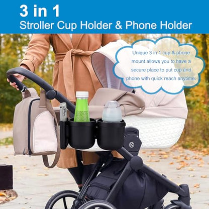 Accmor Stroller Cup Holder with Phone Holder, Bike Cup Holder, Universal Cup Holder for Uppababy Nuna Strollers, 2-in-1 Drinks Holder for Walker, Wheelchair, Scooter - color: Double Holder-All Black