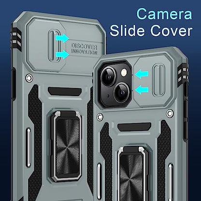 DEERLAMN Case for iPhone 13/iPhone 14 6.1-Inch with Slide Camera Cover+Screen Protector(2 Packs),Rotated Ring Kickstand Military Grade Shockproof Protective Cover-Grey - color: Grey