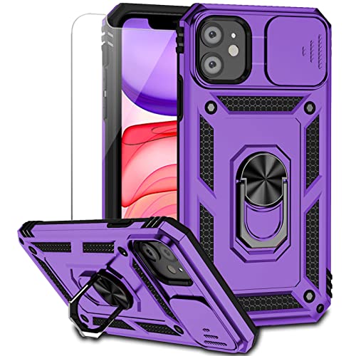 for iPhone 11 Case with Camera Lens Cover HD Screen Protector, Dual Layer [15 FT Military Grade Drop Protection] Magnetic Ring Holder Kickstand Protective Phone Case for iPhone 11 6.1 inch (Purple) - color: Purple with camera cover Military-Grade 2nd gen