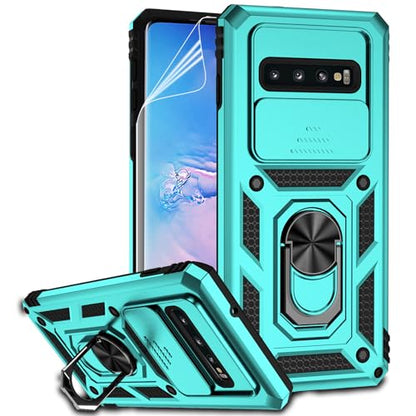for Samsung Galaxy S10 Plus Case with Camera Lens Cover HD Screen Protector, Military-Grade Drop Tested Magnetic Ring Holder Kickstand Protective Phone Case for Samsung Galaxy S10+ Plus (Mint) - color: Mint with camera cover Military-Grade 2nd gen