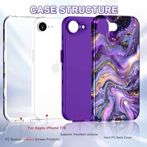 Btscase Compatible with iPhone 17e Case 6.1 Inch 2026,Marble Pattern 3 in 1 Heavy Duty Shockproof Full Body Rugged Hard PC+Soft Silicone Drop Protective Women Girl Phone Cases, Dark Purple - color: Dark Purple, size: iPhone 17e