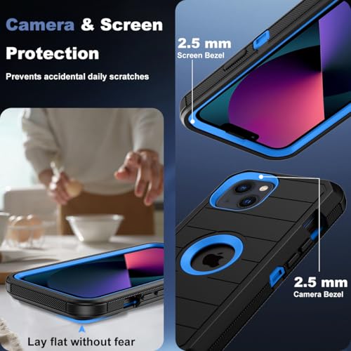 for iPhone 14 Case & iPhone 13 Case, Military-Grade Drop Protection 3-Layer Rugged Shell with Screen Protector, Full-Body Non-Slip Shockproof Heavy Duty Protective Bumper Phone Cover (Black Blue) - color: Black Blue