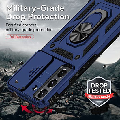 for Samsung Galaxy S22 Case with Camera Lens Cover HD Screen Protector, Dual Layer Military-Grade Drop Tested Magnetic Ring Holder Kickstand Protective Phone Case for Samsung Galaxy S22 5G (Navy Blue) - color: Navy Blue with camera cover Military-Grade 2n