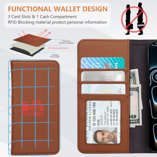 for iPhone 17 Pro Max 6.9" Wallet Case Card Holder Brown | Magsafe Compatible,RFID Blocking,Kickstand,Folio Cover,Genuine Leather - color: Brown, size: 6.9" iPhone 17 Pro Max