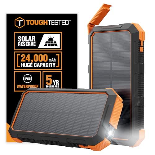 ToughTested 24000mAh Solar Power Bank, LED Flashlight, USB-C Fast Charging