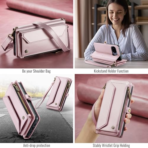 for Google Pixel 10a 6.3" Case, Women Men Multi-Function Wallet Case with Stand RFID Blocking Includes Shoulder Strap Wrist Strap Google Pixel 10a (Pink) - color: Pink