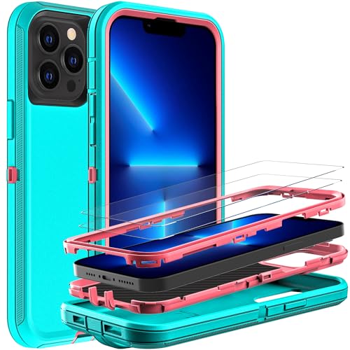 YKHJKLEC for iPhone 13 Pro Case, Military Grade 3 in 1 Heavy Duty Shockproof/Drop Proof/Dust Proof Case with 2Pcs Tempered Glass Screen Protector (Aqua Blue/Pink) - color: Aqua Blue/Pink