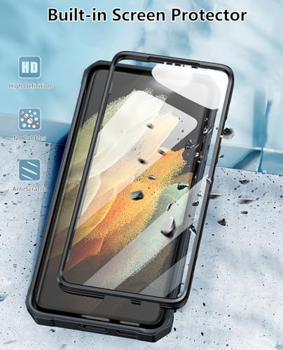 FNTCASE for Samsung Galaxy S21 Ultra Case with Belt Clip and Kickstand | Built-in Screen Protector, Military-Grade Drop Protection, Rugged Heavy Duty Shockproof Holster Protective Cover - color: Black