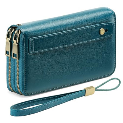 GAEKEAO RFID Leather Wristlet Wallet for Women with Grip Strap | Large capacity clutch wallet, credit card holder, wrist strap, zipper purse, travel and shopping - color: A08 Wax Peacock Blue