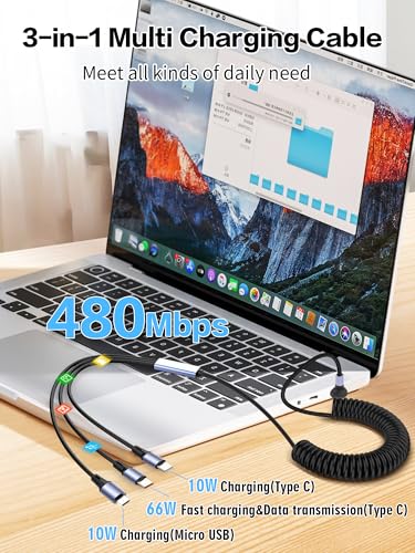 YACSEJAO 66W Spiral Multi Charging Cable, Type A to Micro+2 Type C