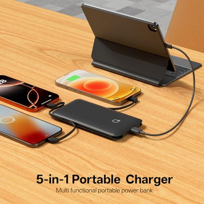 Portable Charger with Built-in Cables and AC Wall Plug, USB C External Battery Pack, 10000mAh Travel Essentials Power Bank Compatible with iPhone17/16/15/14/13, Samsung Galaxy, Pixel,Tablet and More - color: Matte Black