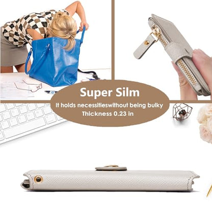 M-Plateau RFID Blocking Keychain Wallet With Leather Wrist Strap | Keychain Wristlet, Womens Card Holder with Zipper Coin Pocket and ID Window - color: Beige