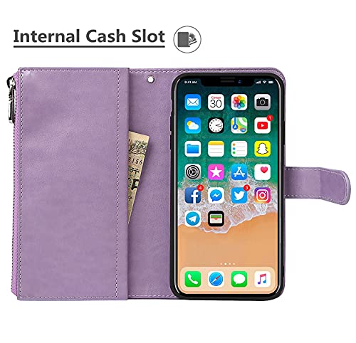 iCoverCase for iPhone X/XS Wallet Case with Card Holder and Wrist Strap, PU Leather Kickstand Card Slots Zipper Pocket Magnetic [Detachable] Flip Cover Case 5.8 Inch (Purple) - color: Purple