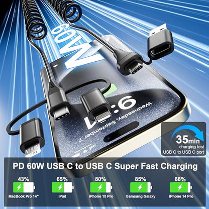 Coiled Multi Charging Cable - USB C Lightning Micro USB Cable 5 in 1 for Apple Carplay & Android Auto [MFi & PD60W & Data Sync] Coiled USB C Cable for iPhone 17 16 15 14 13 12 X Android Samsung Laptop