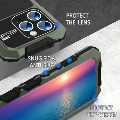 Simicoo Compatible with iPhone 16 Pro Metal Bumper Military Rugged Silicone Case Heavy Duty Armor Defender Metal Case with Stand Built-in Gorilla Glass Full Cover Dustproof Cover (Green)