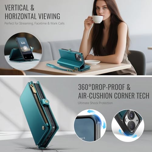 Defencase for iPhone 14 Phone Case Wallet Compatible with Magsafe, Green | Magnetic Detachable, Drop-Proof Protective Wallet Cases Cover, with RFID Bolcking Card Holder, Zipper Strap, Soft PU Leather - color: (Detachable with Magsafe)-Blue Green