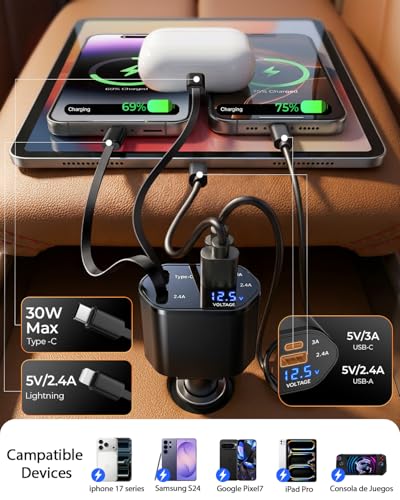 4 in 1 Retractable Car Charger, USB C Fast Charging Adapter, Black - color: Black