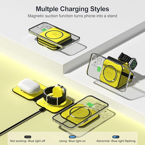 3 in 1 Charging Station for Multple Devices,Foldable 3 in 1 Wireless Charger for Travel,Nano Wireless Charging Station for iPhone16 15 14 13 12 Pro Max/Watch 10 9 8 7 6 5 4 3 Ultra/AirPod Pro - color: Yellow