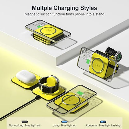 3 in 1 Charging Station for Multple Devices,Foldable 3 in 1 Wireless Charger for Travel,Nano Wireless Charging Station for iPhone16 15 14 13 12 Pro Max/Watch 10 9 8 7 6 5 4 3 Ultra/AirPod Pro - color: Yellow