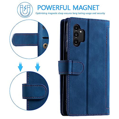 EYZUTAK Wallet Phone Case for Samsung Galaxy A13 5G/4G/A04S, Retro Matte 9 Card Holder Slots Zipper Pocket Case PU Leather Magnetic Closure Kickstand Wrist Strap Shockproof Folio Flip Cover - Blue - color: Blue, size: Samsung Galaxy A13/A04S