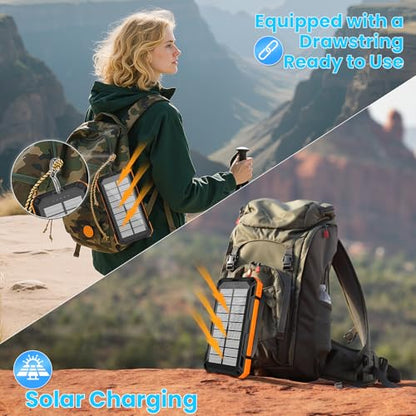 Solar Power Bank 49800mAh - Wireless Portable Charger 15W Fast Charging with 4 Built-in Cables. Equipped with a Powerful Flashlight, IP65 Outdoor Waterproof Power Bank Perfect for Camping, Hiking