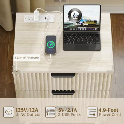 Lulive Wood Bedside Table w/Charging Station, 3 Drawers Fluted Dresser - color: Grey White, size: 3 Drawers-Set of 1 Nightstand