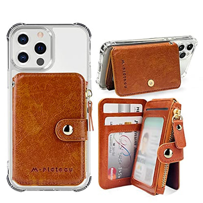 M-Plateau Phone Wallet with ID Window and Adhesive Sticker | Card Holder for Phone case Stick on Attachable Credit Card Holder for Phone (Compatible with Most Smartphones) - color: Brown